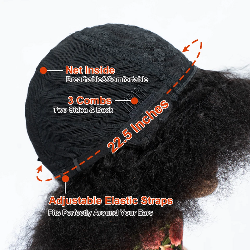Afro Kinky Curly peruca de cabelo humano com Bangs, cabelo brasileiro Remy sem cola, peruca curta encaracolada, cor marrom, desgaste para ir, 250D