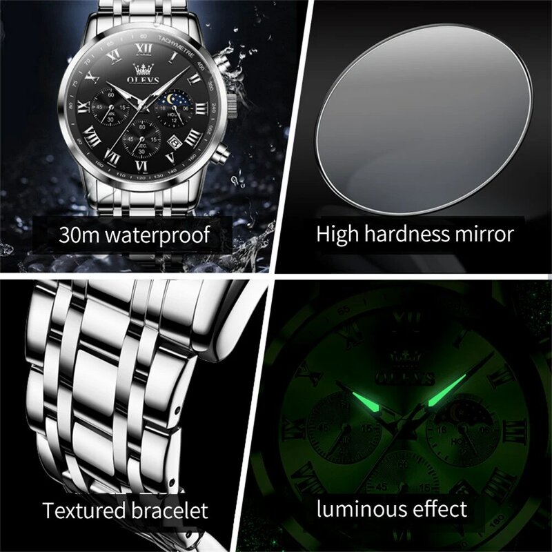 OLEVS marca multifunzionale originale orologi da uomo cronografo orologio al quarzo fasi lunari impermeabile tendenza autentico orologio per uomo