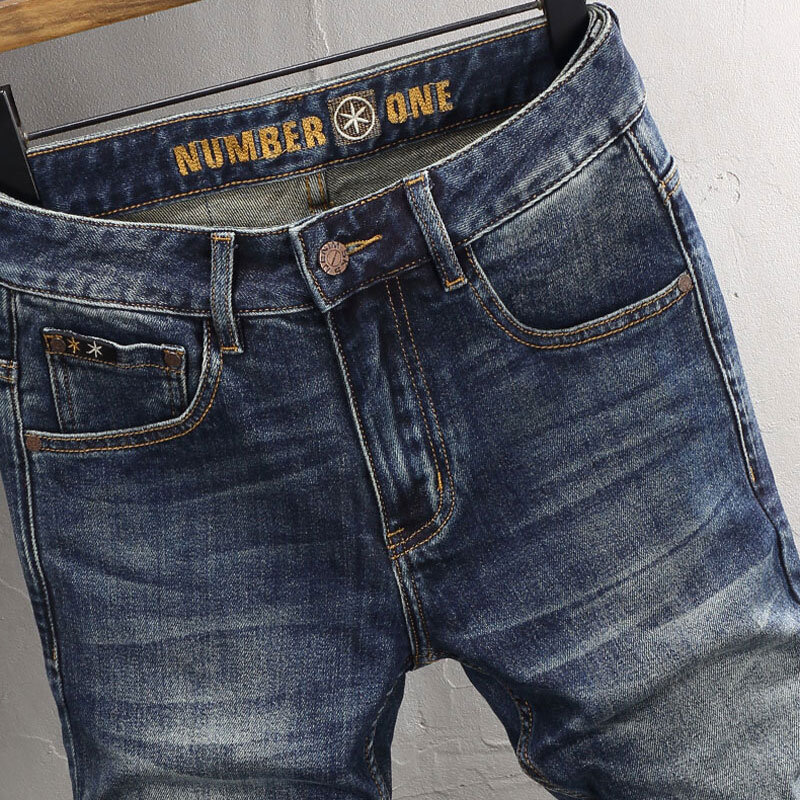 Celana Jeans sobek pas badan elastis pria, celana Denim kasual Vintage Jeans ketat melar biru dicuci Retro kualitas tinggi untuk pria