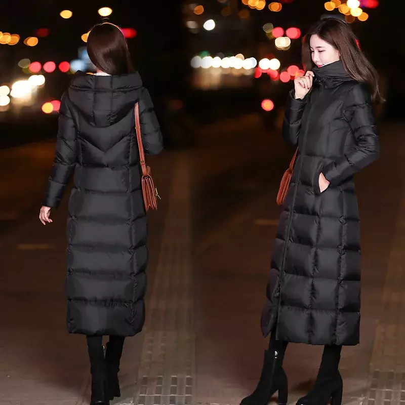 Frauen winter knie länge baumwolle mantel, reine schwarz flauschigen unten lange baumwolle mantel, 2022 frauen verdickt warme dicke winter mantel
