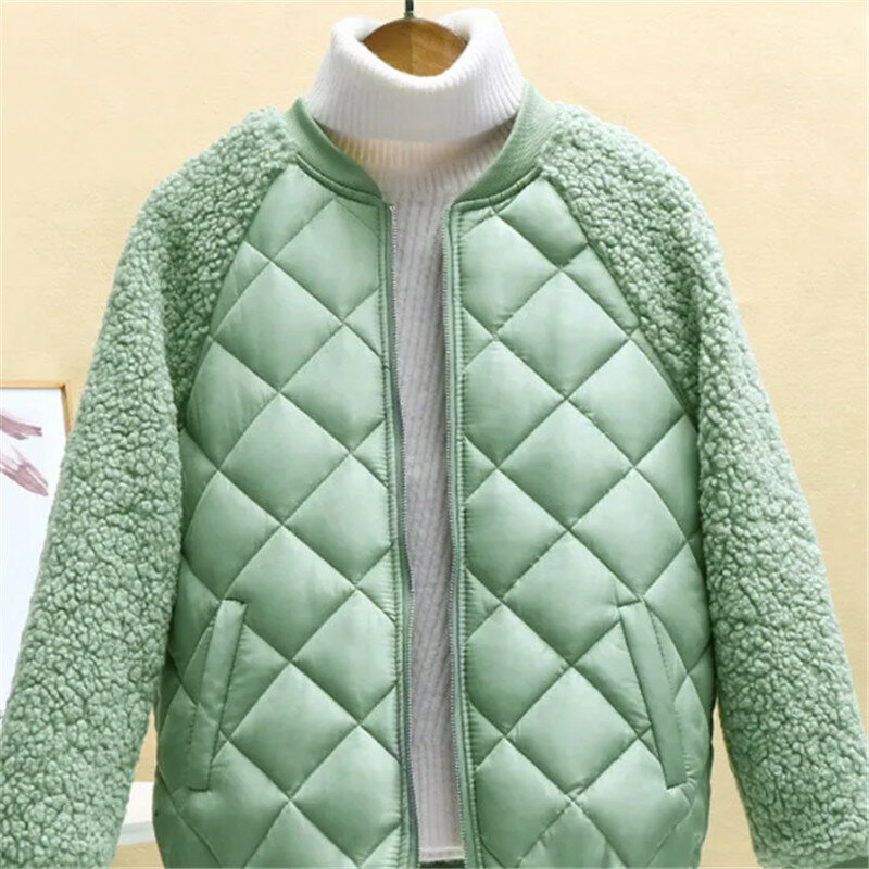Autumn Winter Cotton-Padded Jacket Women 2023 New Imitation Lamb Wool Coat Pure Colour Hooded Stand-Up Collar Outwear Female