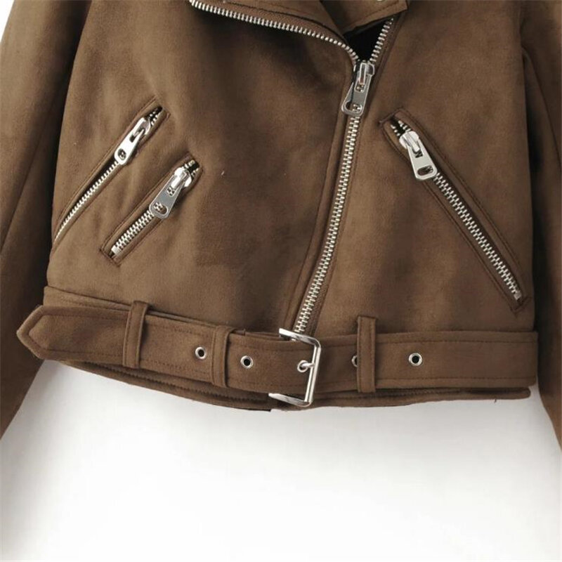 Jaqueta feminina de camurça, casaco de couro, sobretudo curto de moto e motociclista, venda quente, outono e primavera