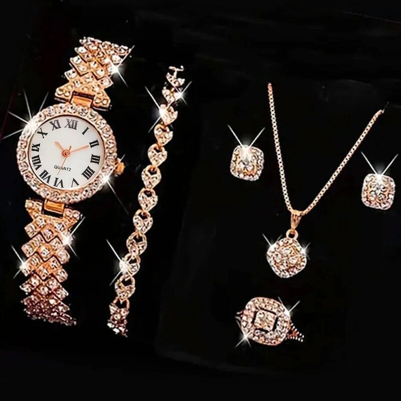 5 Stuks Set Horloge Vrouwen Ring Ketting Oorbellen Strass Mode Polshorloge Vrouwelijke Casual Dames Horloges Armband Set Klok Reloj