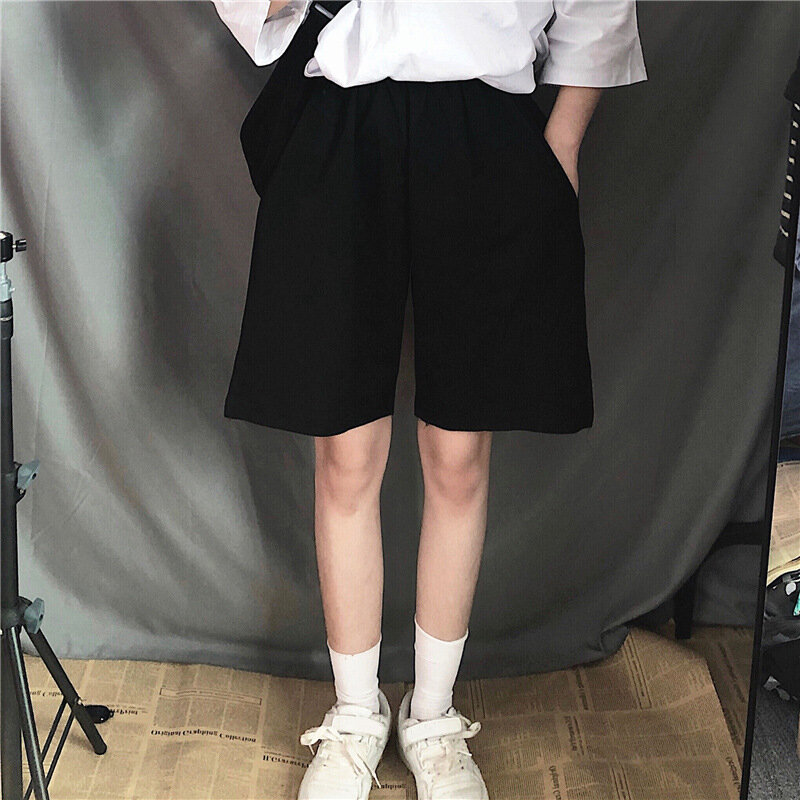 Celana Pendek Abu-abu Musim Panas Mode Wanita Pinggang Elastis Celana Pendek Pinggang Tinggi Streetwear Lebar-kaki Kebesaran Sederhana Uniseks Pendek