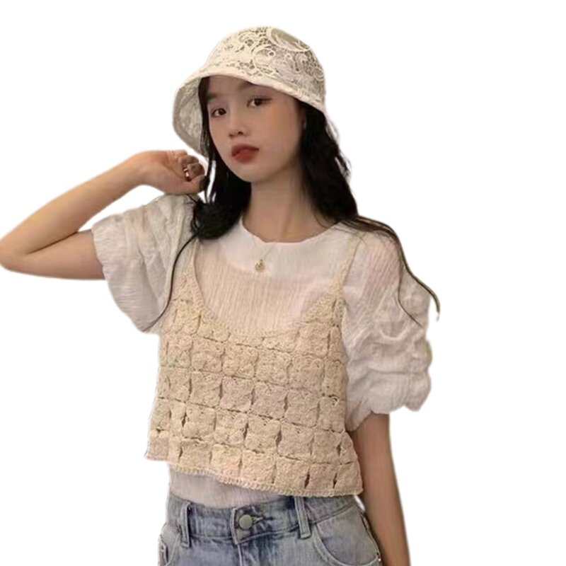 Boho Solid Cropped Tops Women Knitted Vest Tops Hollow Out Camisole