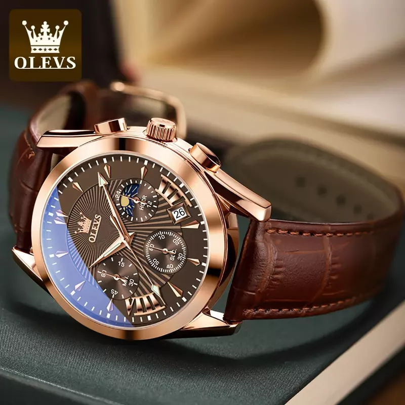 OLEVS-relojes multifuncionales de lujo para hombre, pulsera de cuarzo con correa de cuero genuino, resistente al agua, luminoso, 2876
