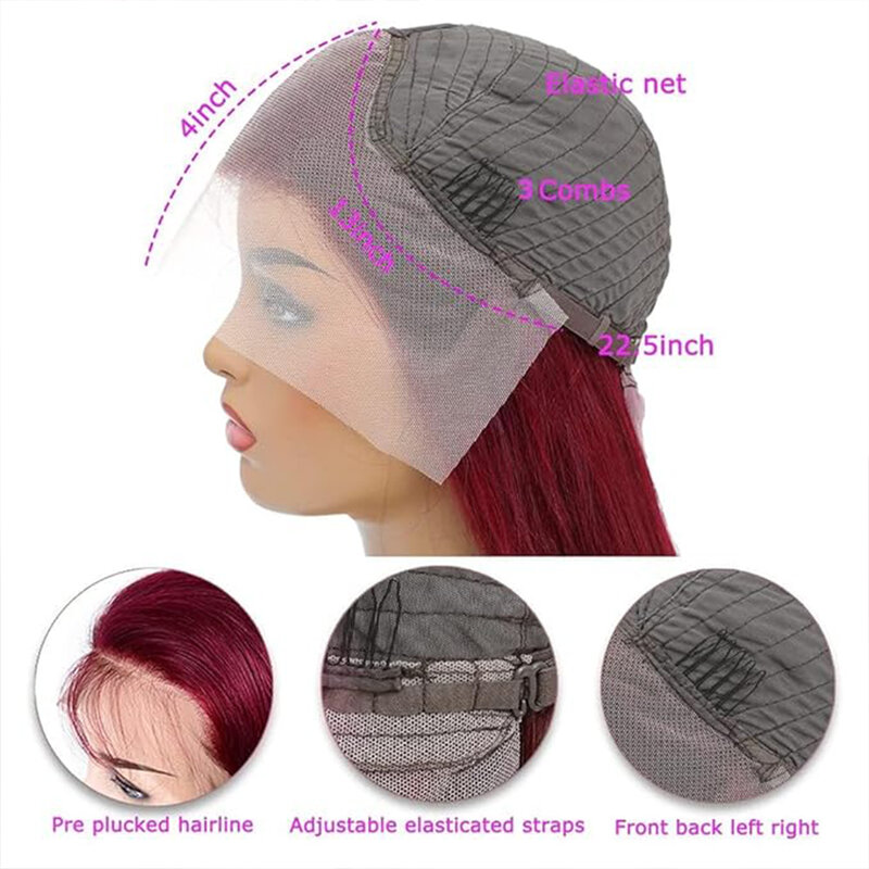 Perruque Lace Front Wig naturelle lisse, cheveux humains, bordeaux 99j, 13x4, HD 200%, pre-plucked, densité