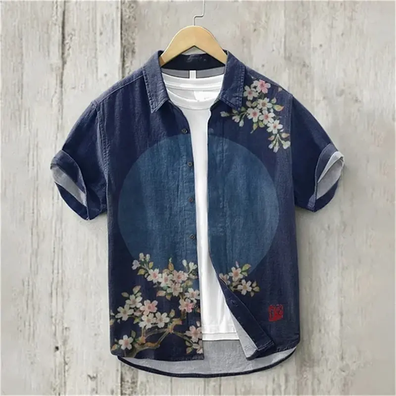 Short Sleeve Hawaiian Shirt with Whale Print, Japanese Vintage Art Linen Shirt, Flip Collar Cardigan, Single Breasted, New, 2024