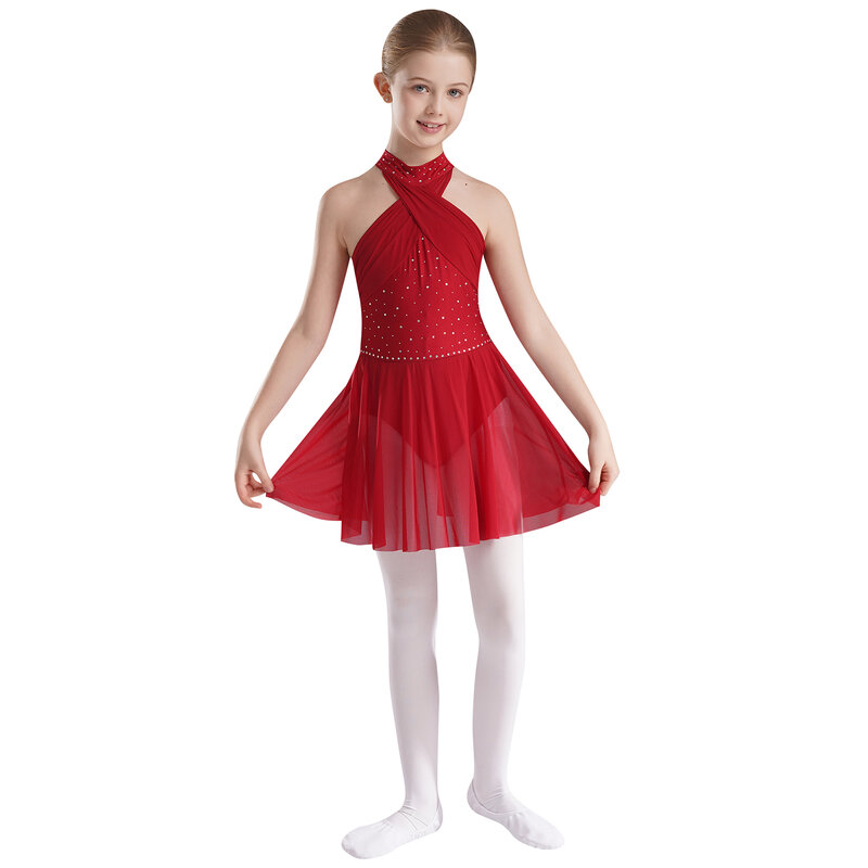 Kids Girls Figure Skating Modern Lyrical Dance Dress Leotard Ballet Gymnastics Dancewear Sleeveless Shiny Rhinestones Costume