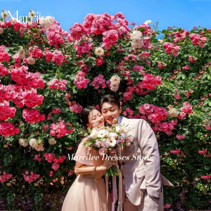 Korea Blush Pink Silk Organza Prom Evening Dresses Fairy Short Sleeve Strapless Sweep Train Long Bride Formal Party Dress 2024