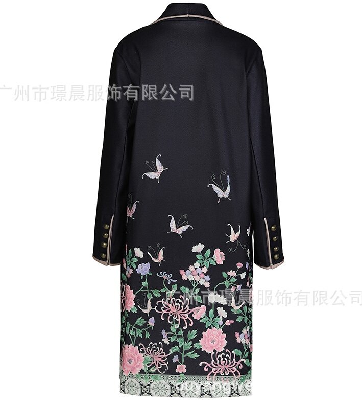 Jaket wanita motif bunga, pakaian jalanan mantel panjang, temperamen, lengan panjang, kerah takik, desain kancing, motif bunga, musim gugur