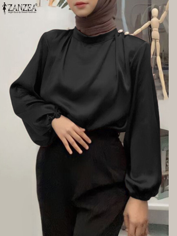 2023 ZANZEA camicetta di raso da donna elegante autunno manica lunga camicia da ufficio solida moda musulmana Top Casual allentato da lavoro Blusas