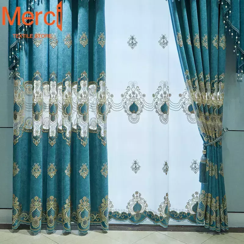 European Style Curtains for Living Dining Room Bedroom Luxury Embroidered Tulle Window Drape Blue Chenille  Valance Custom