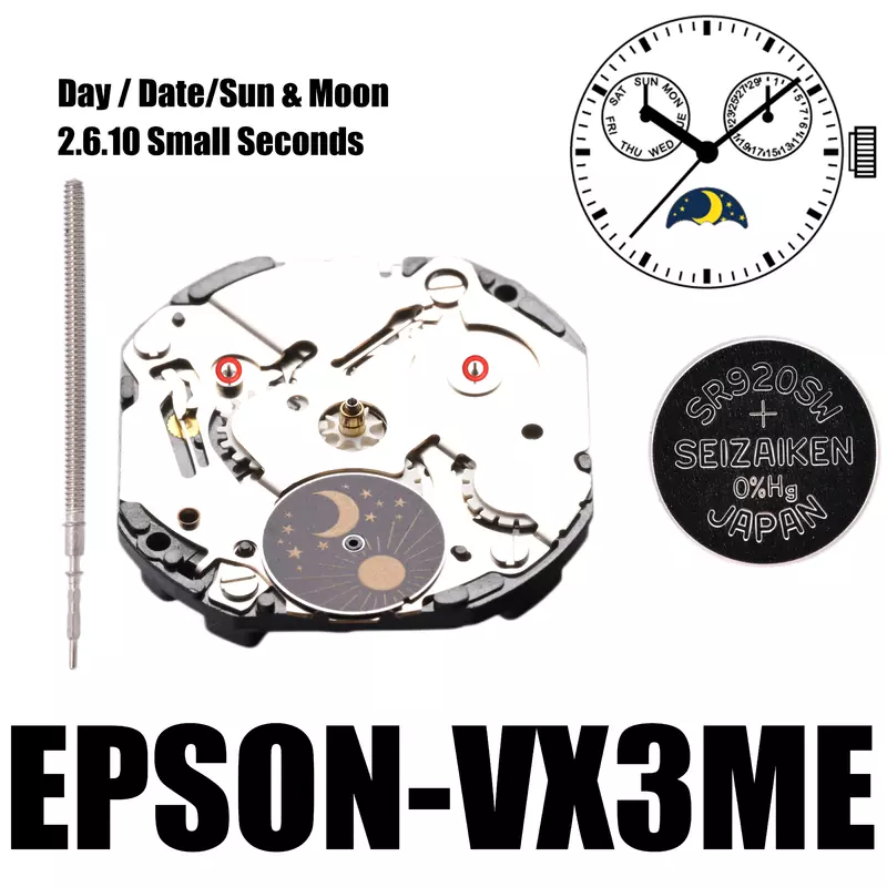 Vx3m Bewegung epson vx3me vx3 Serie Quarz werk 2,6,10 Sekunden Größe: 10 1/2 '''6 Zeiger Tag/Datum Sonne & Mond