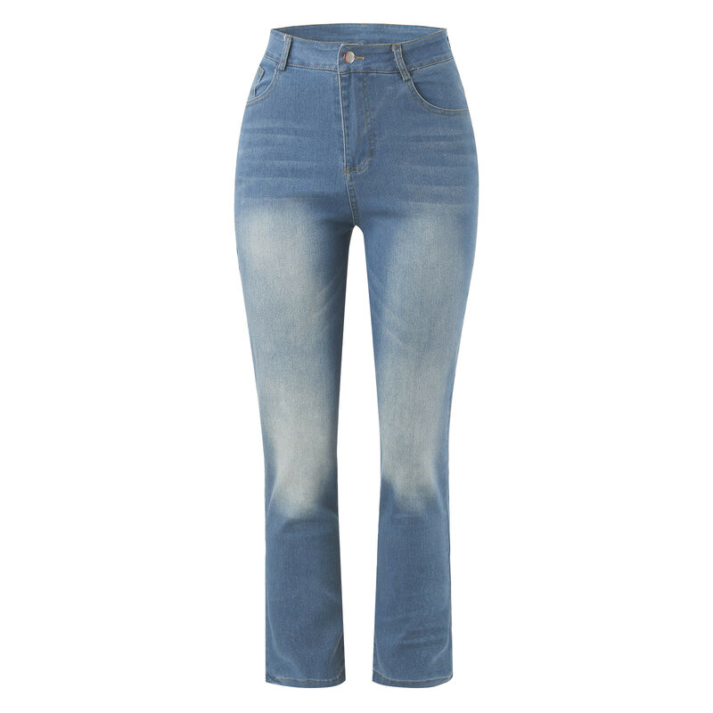 Calça jeans casual clássica elástica feminina, tamanho grande, solta, alta elasticidade, encaixe fino, micro-queimado, jeans feminino, na moda
