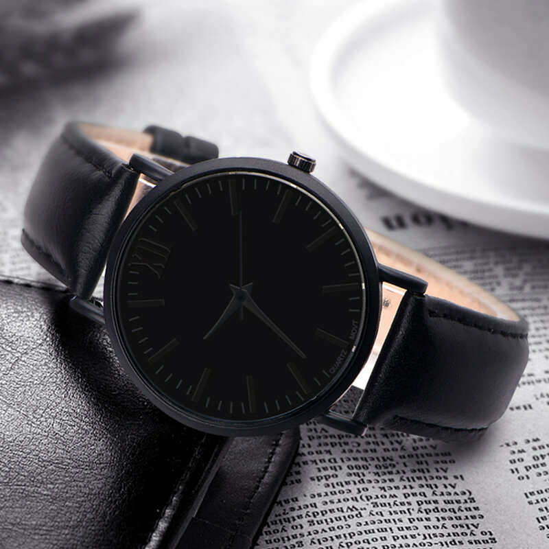 Relógios de pulso quartzo preto masculino, pulseira de couro, analógico, redondo, relógio masculino