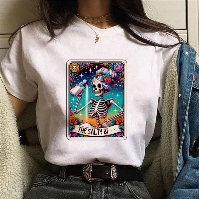 Camiseta feminina da carta de tarô, Tops femininos dos desenhos animados, camiseta Kawaii engraçada, camiseta preta do mágico