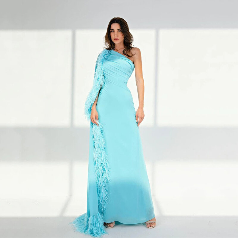 Elegante abito lungo formale per donna blu monospalla manica manica lunghezza pavimento piume abito da ballo abiti da sera