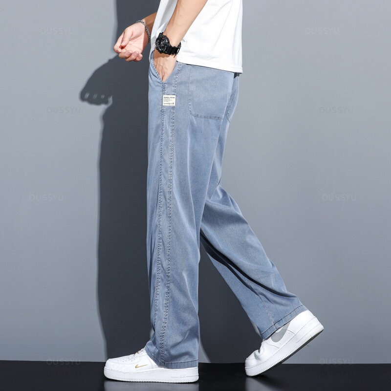 Calça jeans de tecido Lyocell masculina, solta, reta, de perna larga, cordão, elástico na cintura, calça casual, verão, fina, macia, plus size, M-5XL