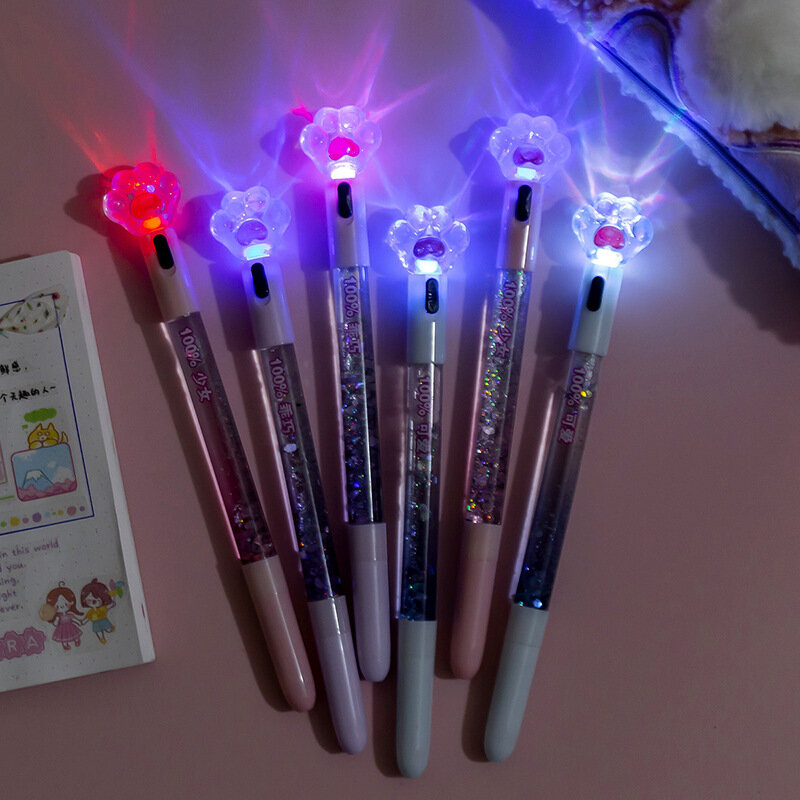 1Pc Girls 'Heart Cat Claw Glow Neutrale Pen Schattig En Creatief Stromend Zand Light Pen Kinderen Student Briefpapier Waterpen