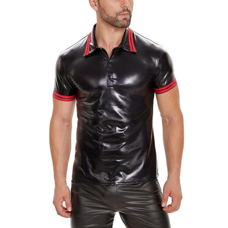 Maglietta da uomo in pelle verniciata lucida taglie forti maglietta Casual in pelle a maniche corte con colletto rovesciato