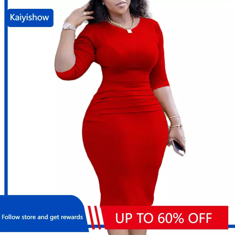 African Dresses for Women Elegant Summer African Women 3/4 Sleeve Polyester White Red Green Knee-length Dress African Clothes
