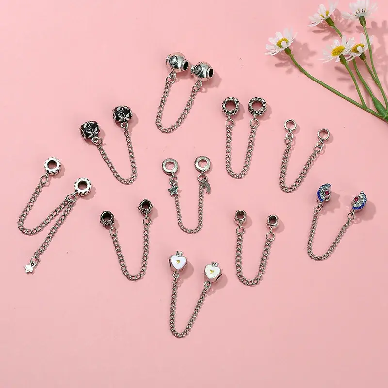 2024 New Fashion Lock Moon Safety Chain Charm Beads fit Original Pandora Bracelets Keychain DIY Ornaments Jewelry Making Parts