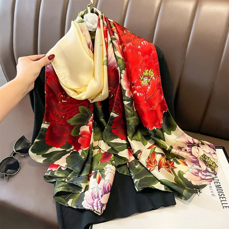 Lenços de seda macios de luxo para mulheres, Lady Wraps, geometria feminina estola de praia, silenciador bandana Foulard, xales 180x90cm, verão