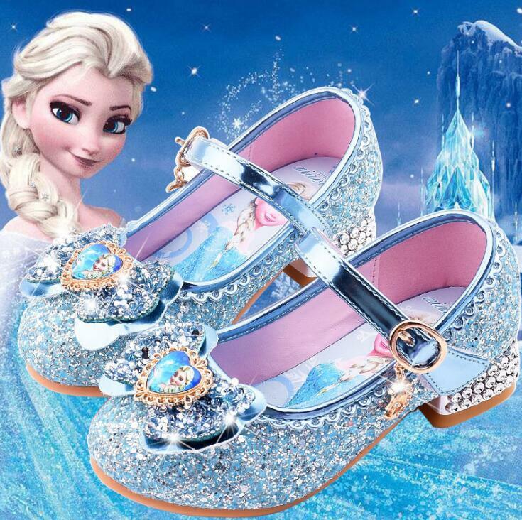 MINISO-zapatos informales de dibujos animados para niñas, zapatillas de tacón alto para niños, princesa elsa, frozen, zapatos de cuero con lazo