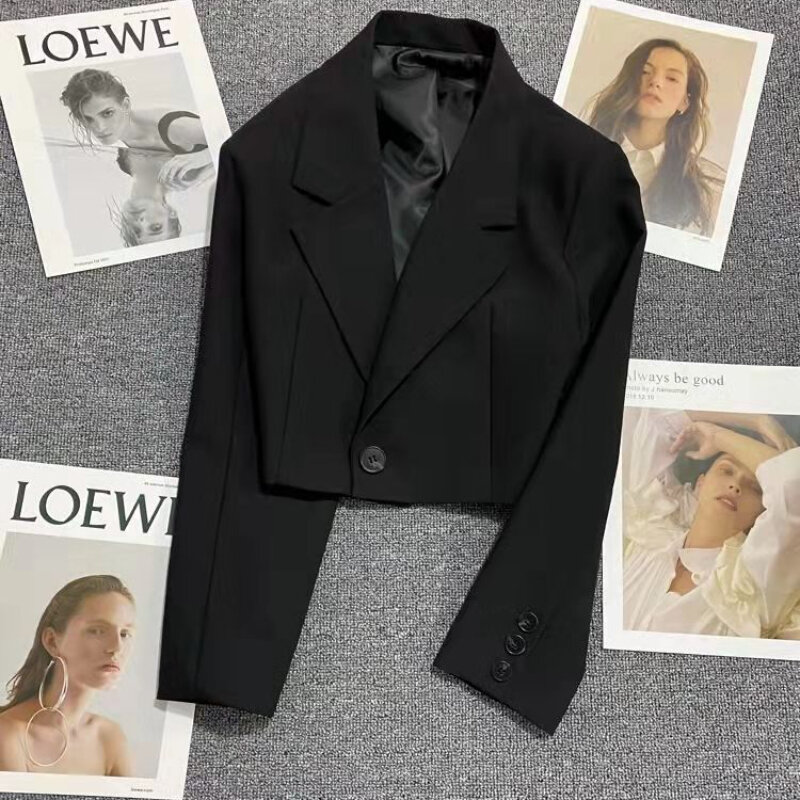 Korean Fashion Cropped Blazers Jacket Women Long Sleeve Office Ladies Streetwear Solid Color Single Button Short Suit Coat New