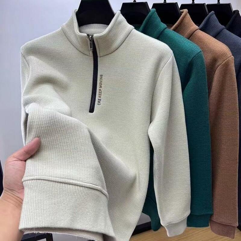 Fall Winter Men Sweatshirt Zipper Stand Collar Long Sleeves Solid Color Thick Elastic Warm Mid Length Pullover Knitted Soft Men