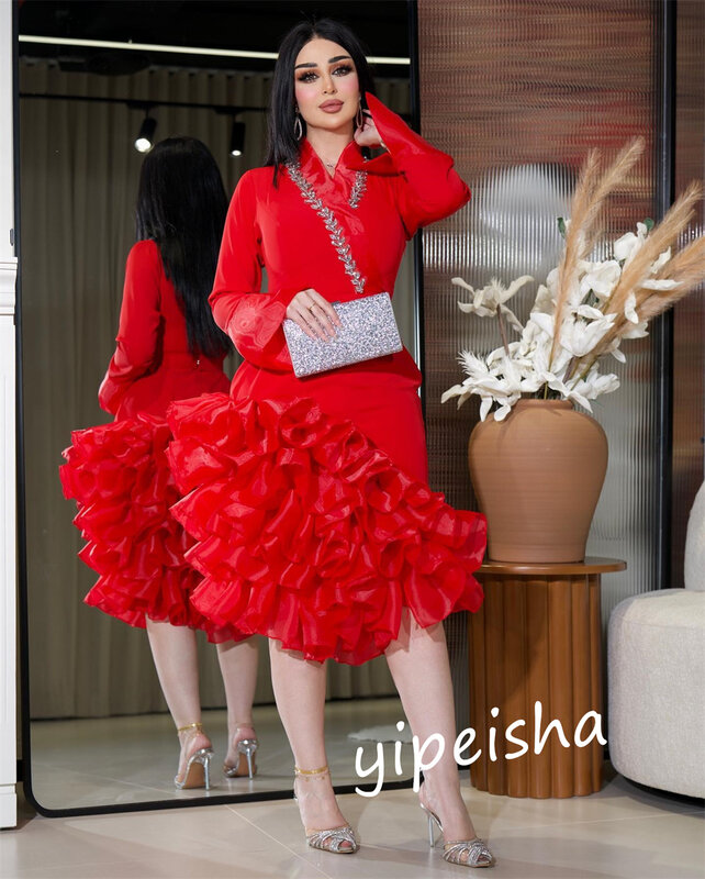   Dżerska suknia z koralikami, falbaną, formalna, z dekoltem w kształcie litery V, na zamówienie, suknia do kolan
