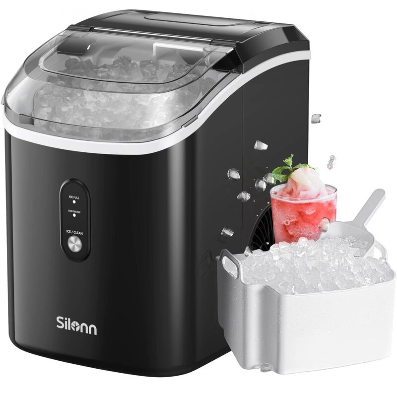 Máquina de hielo masticable Silonn con función de autolimpieza, máquina Ic de pellets, 33lbs/24H para el hogar, cocina, oficina, negro