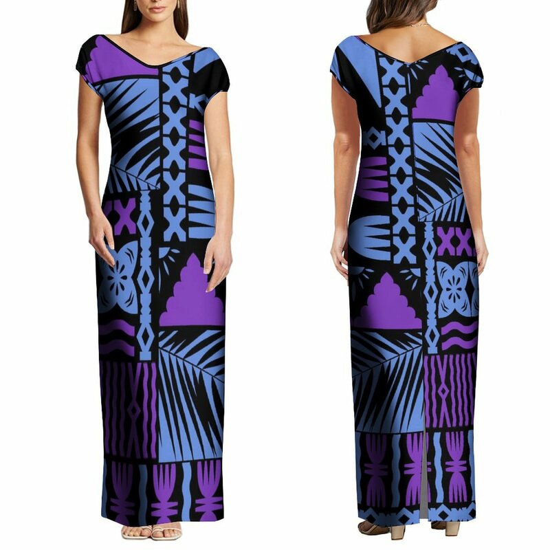 Women'S Summer Short Sleeve Dress Polynesian Tribe Custom Ethnic Dress Party Elegant Slim-Fit Long Dress Free Shipping