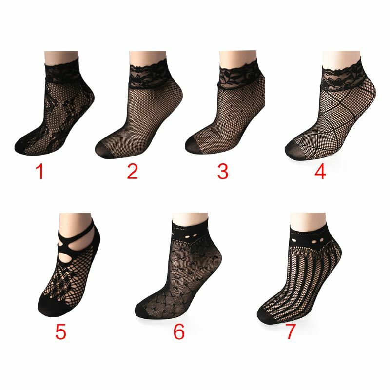 ถุงเท้าเหนือข้อเท้าสั้นสำหรับผู้หญิงเซ็กซี่ฤดูร้อนตาข่ายตาข่ายสีดำลูกไม้ลายดอก