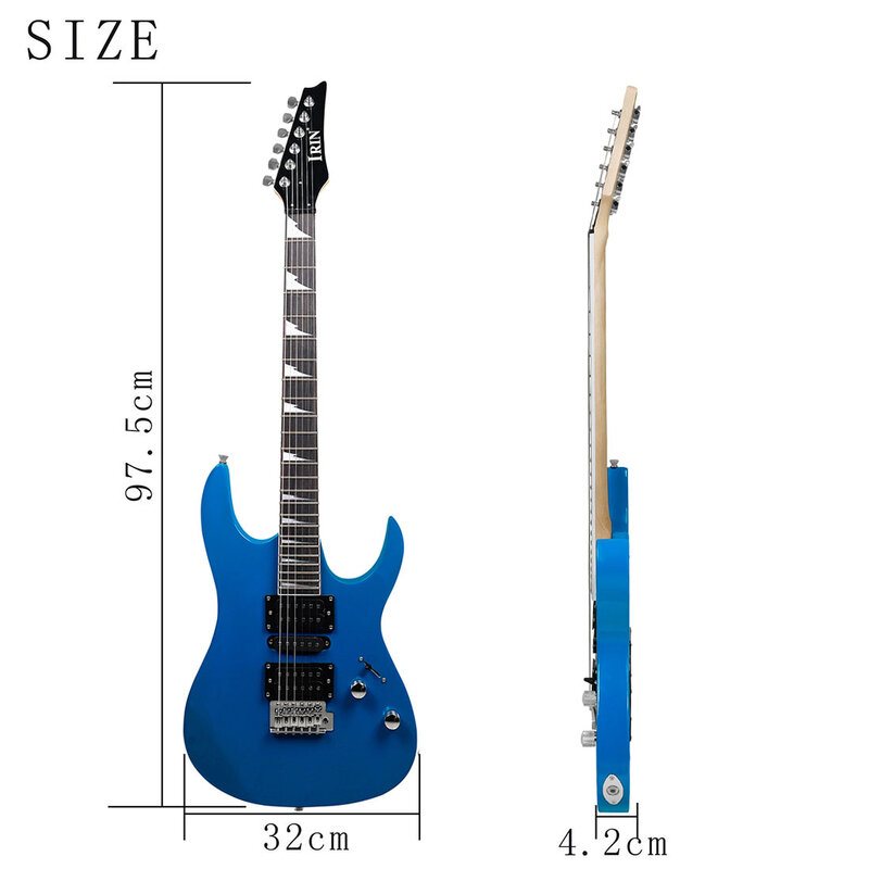 IRIN-Guitarra Elétrica Azul com Saco, Corpo de Bege, 24 Frets, 6 Cordas, Amplificador, Sintonizador, Capo Pick, Pano de Limpeza, Peças