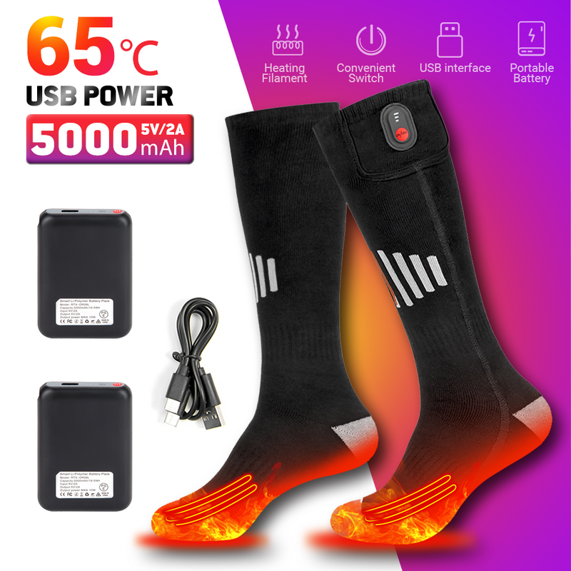 Calzini riscaldati invernali calzini riscaldanti ricaricabili per calzini riscaldati USB 5000mah calore stivali riscaldati all'aperto motoslitta sci invernale