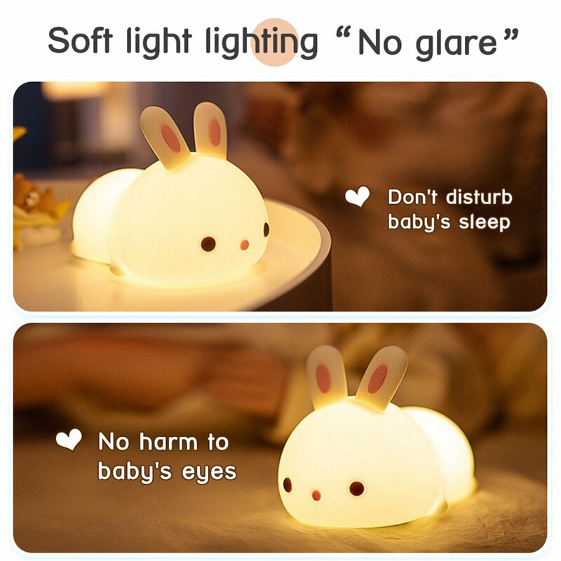 โคมไฟกระต่ายทำจากซิลิโคนแบบชาร์จไฟได้สำหรับเด็กควบคุมด้วยรีโมทคอนโทรลหรี่แสงได้ kado mainan Bayi