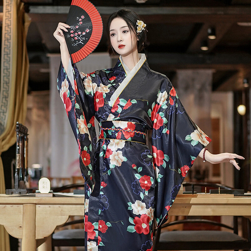 Kimono tradisional Jepang dengan Obi gaun malam wanita Vintage Geisha Kimono antik kostum Cosplay pentas wanita