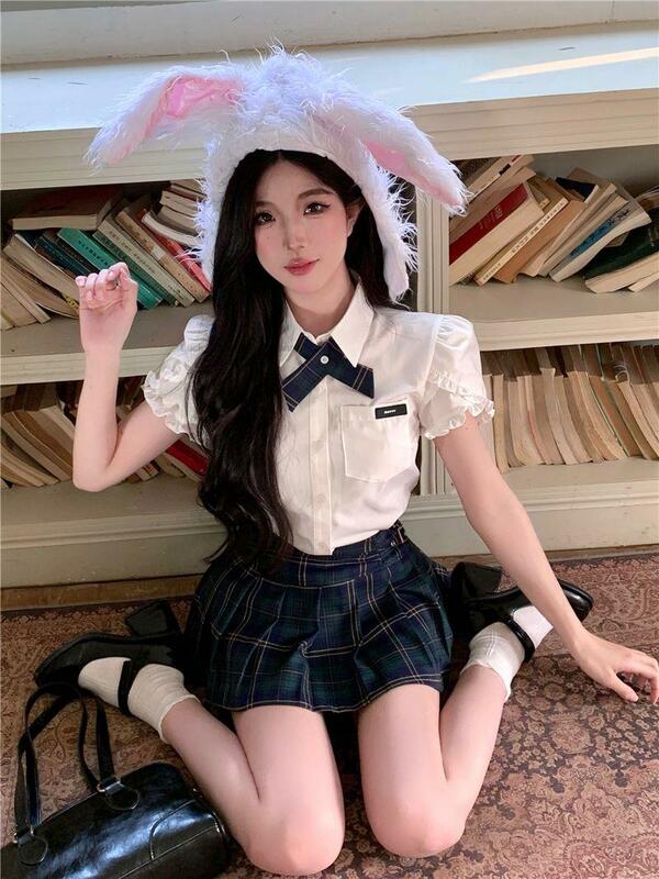 Uniforme escolar de estilo coreano japonés, camisa de manga corta con temperamento de cintura alta, Falda plisada, uniforme Jk para niña, estilo universitario