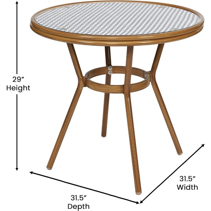 Lourdes Indoor/Outdoor Commercial French Bistro Table, PE, Glass Top, Bamboo Print Aluminum, 31.5" Round, Navy