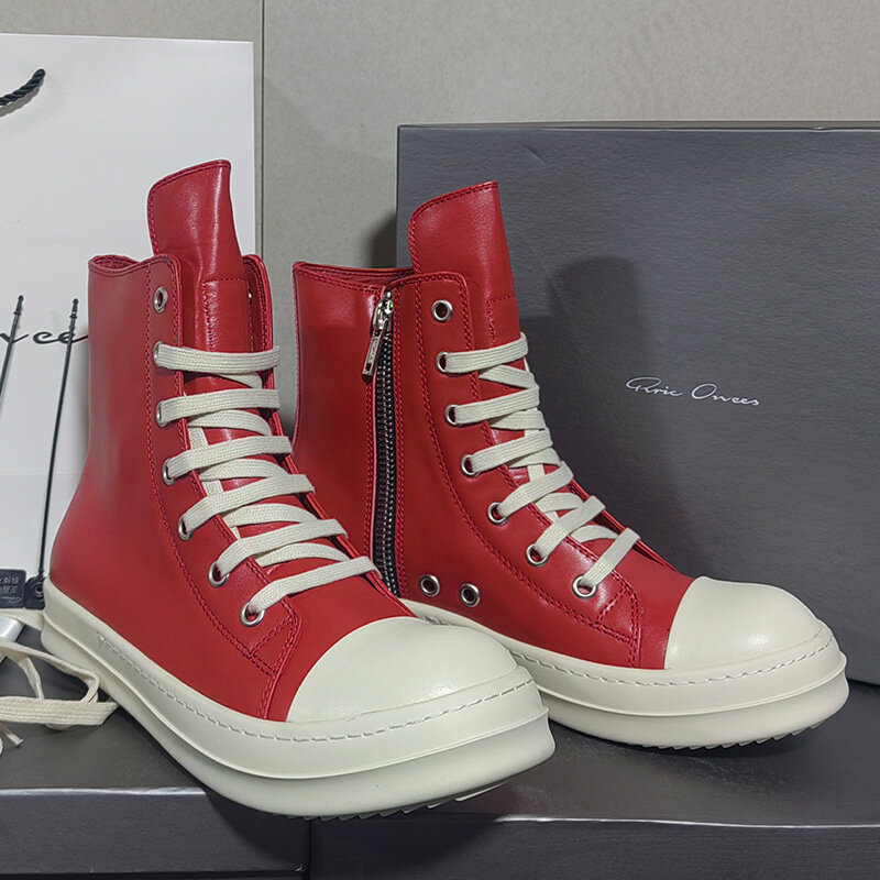 Sepatu Rick Sepatu Bot Kulit Merah Wanita Sepatu Bot Kulit Mewah Sneakers Pria Sepatu Kasual Pria Hip Hop Streetwear