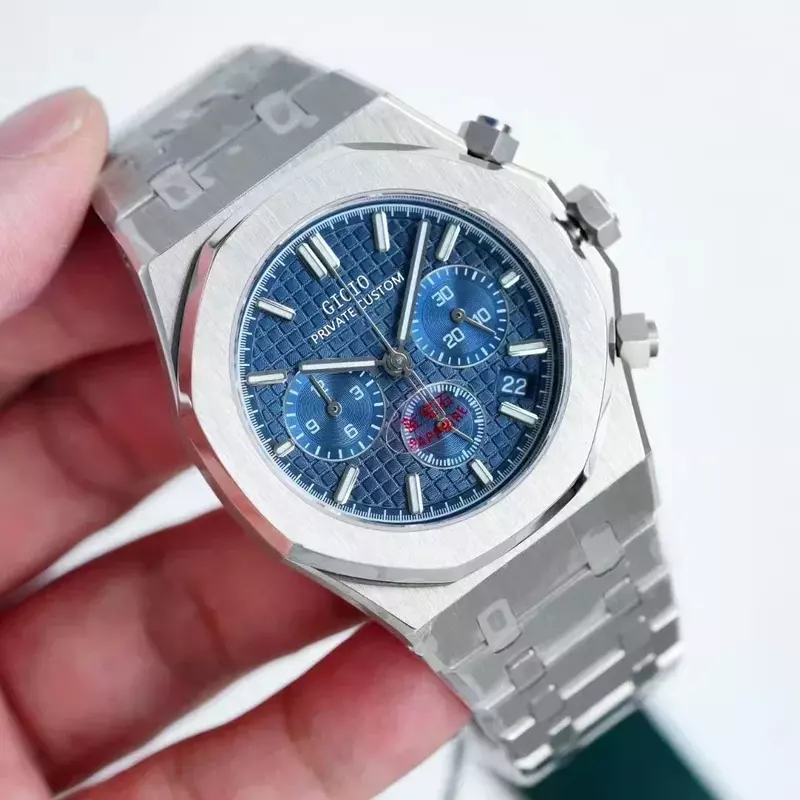 Relógio cronógrafo de quartzo masculino, pulseira de aço inoxidável, esporte para OAks, mostrador preto, azul, cinza, vidro de safira, luxo, novo