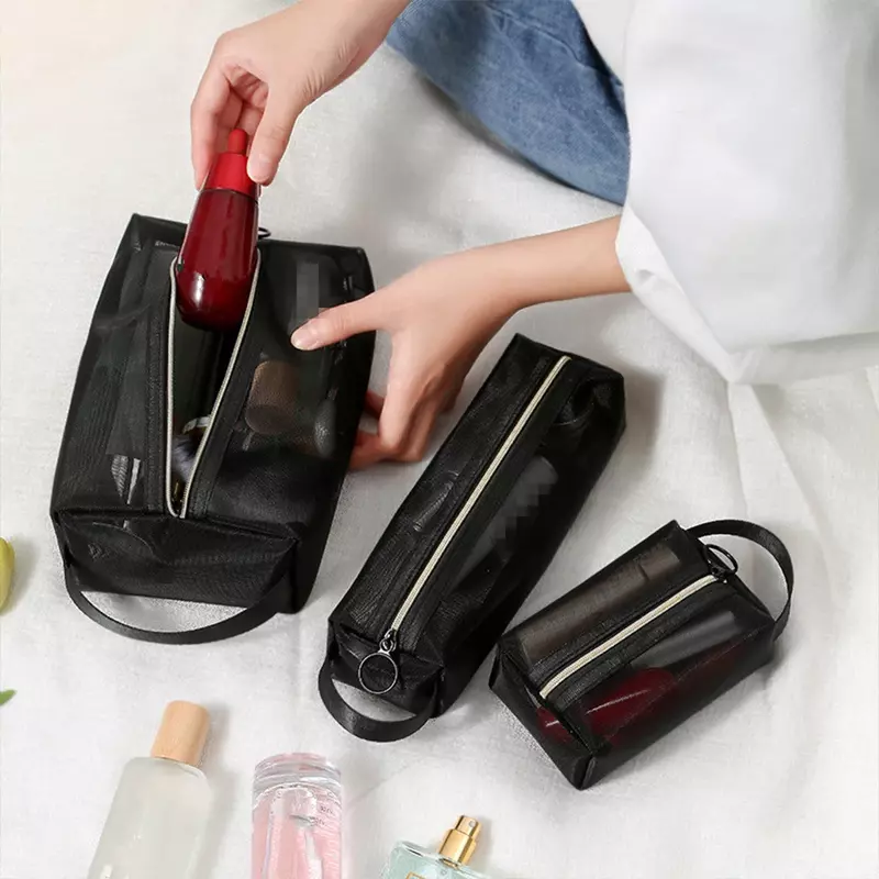 남녀공용 블랙 메쉬 세면 가방, 화장품 가방, 단색 소형 대형 여행 휴대용 메이크업 정리함 립스틱 보관 파우치, 1 개, 3 개