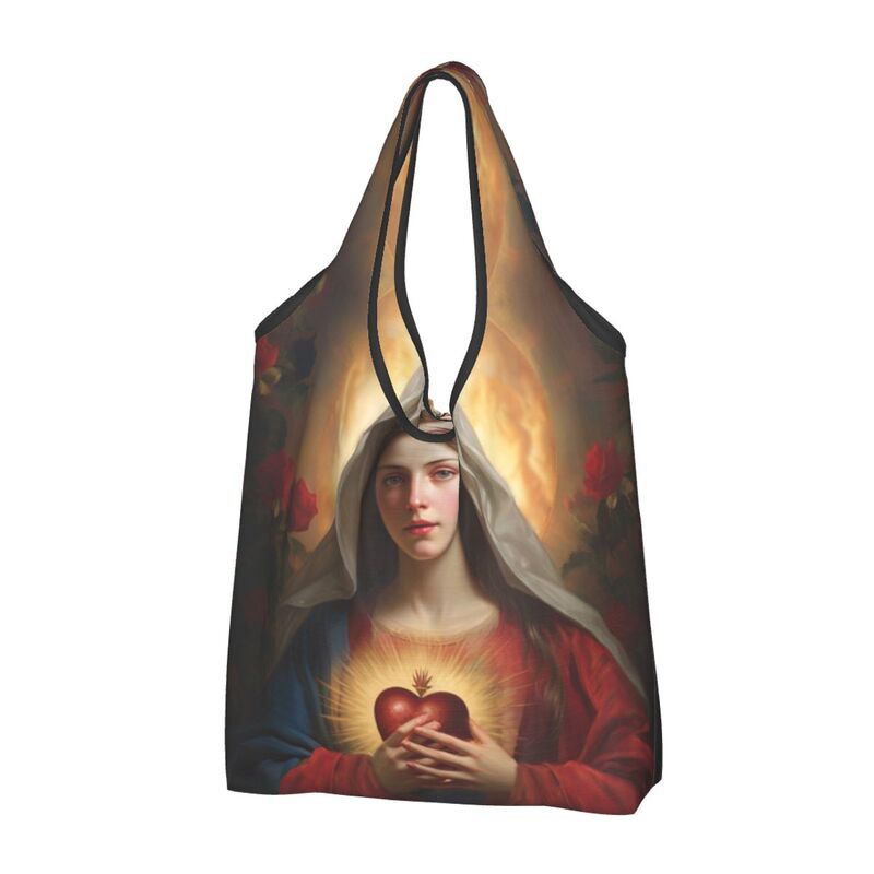 حقيبة تسوق كبيرة قابلة لإعادة الاستخدام ، أكياس بقالة ، قابلة لإعادة التدوير ، قابلة للطي ، الفن المقدس الكاثوليكي ، أم المسيح ، قلب ماري طاهر