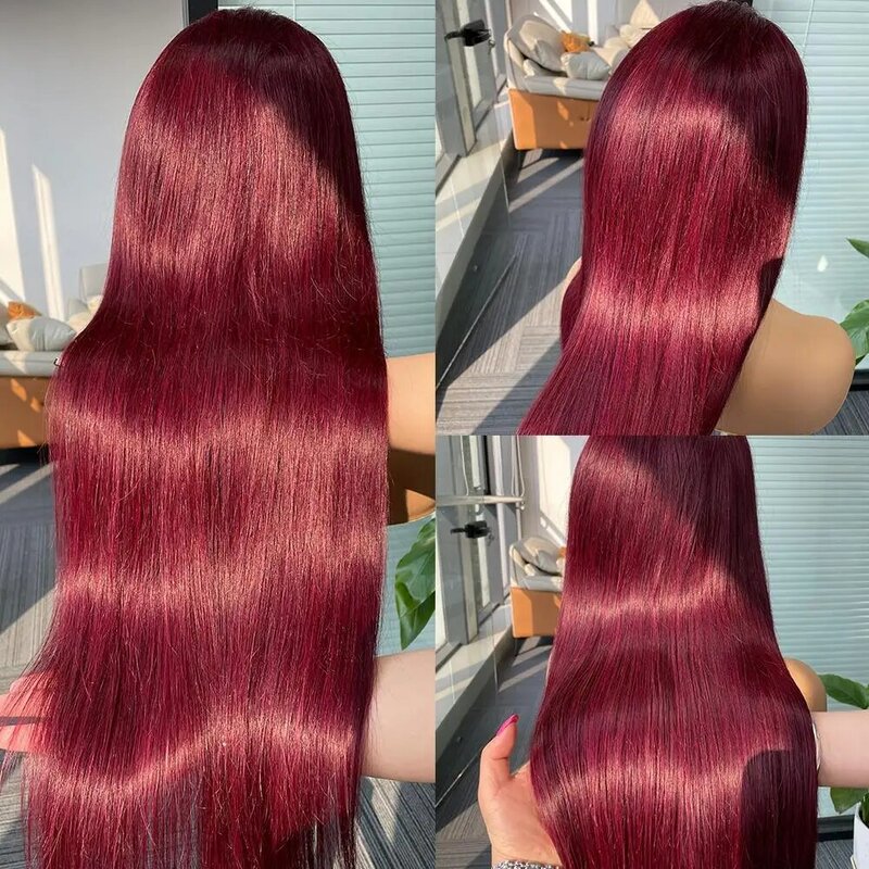 Peluca de cabello humano liso para mujer, Frontal transparente de encaje postizo, color rojo borgoña 99J, 13x6, sin pegamento