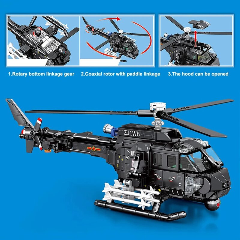 Technical Ideas Military Armed Helicopter Series Building Blocks Z-11B Attack Helicopter BricksToys for Boys Holiday Gifts
