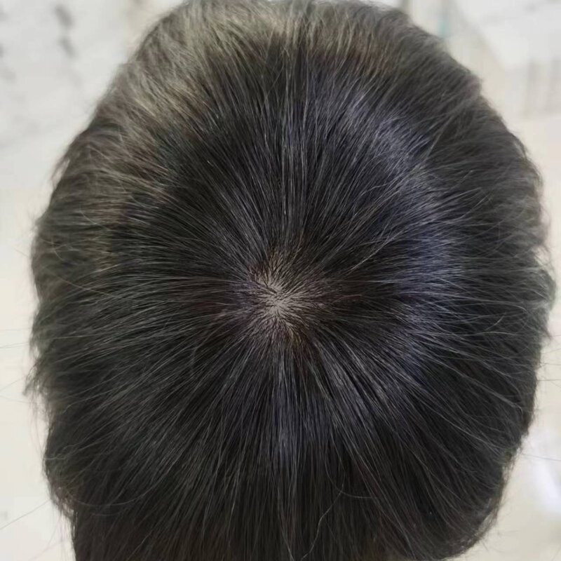 Peruca de cabelo preto natural para homens, peruca masculina, sistema real de cabelo humano, prótese base macia