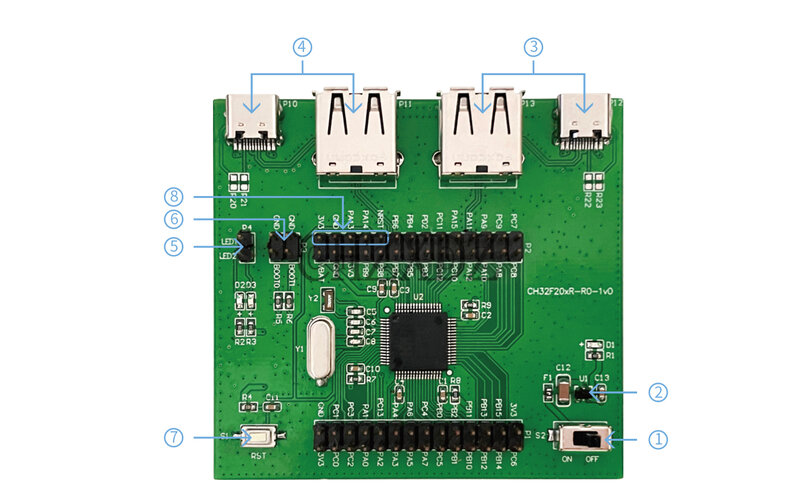 Placa EVT CH32F205, Cortex-M3 MCU, USB 2.0 de alta velocidade, USB 2.0, velocidade total, modos de baixa potência, OPA, interface de depuração de 2 fios, 2 peças por lote