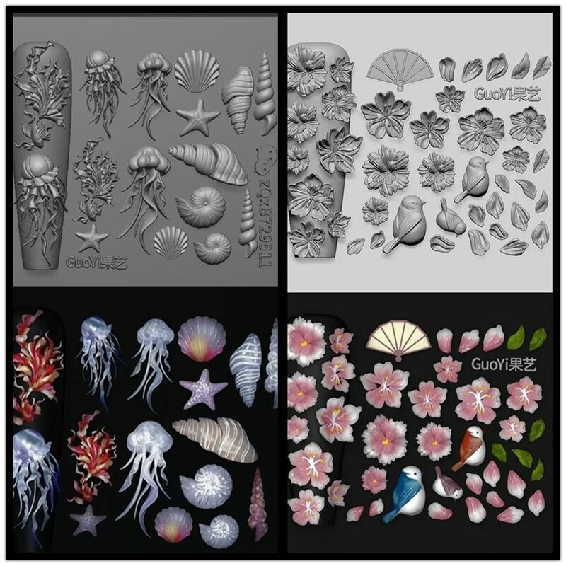 해양 해파리 쉘 장미 잎 3D 아크릴 몰드 네일 아트 장식 손톱, DIY 디자인 실리콘 네일 아트 몰드, 1 개